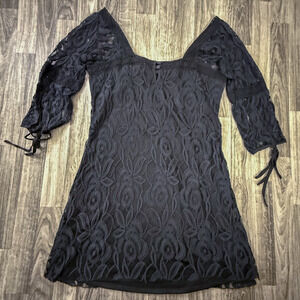 Solitaire by Ravi Khosla Black Lace Dress L Boho Floral Mesh Bell Sleeve Lined